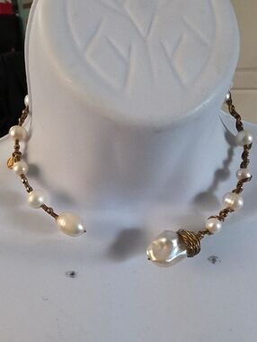 Rare Signed Natural PEARLS WIRE WRAP CHOKER NECKLACE Goldtone